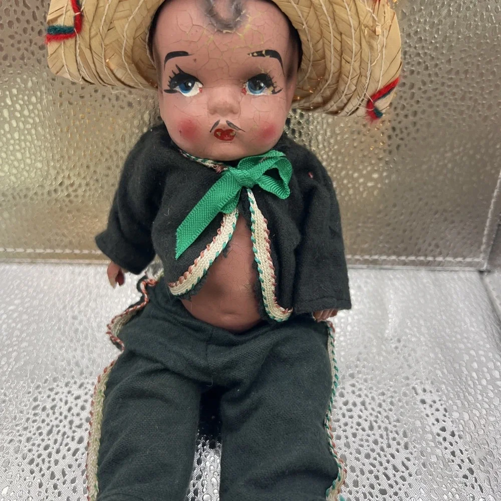 Vintage 1940's Made in Mexico Boy Doll Composition Body Ragged Clothes Medium‎